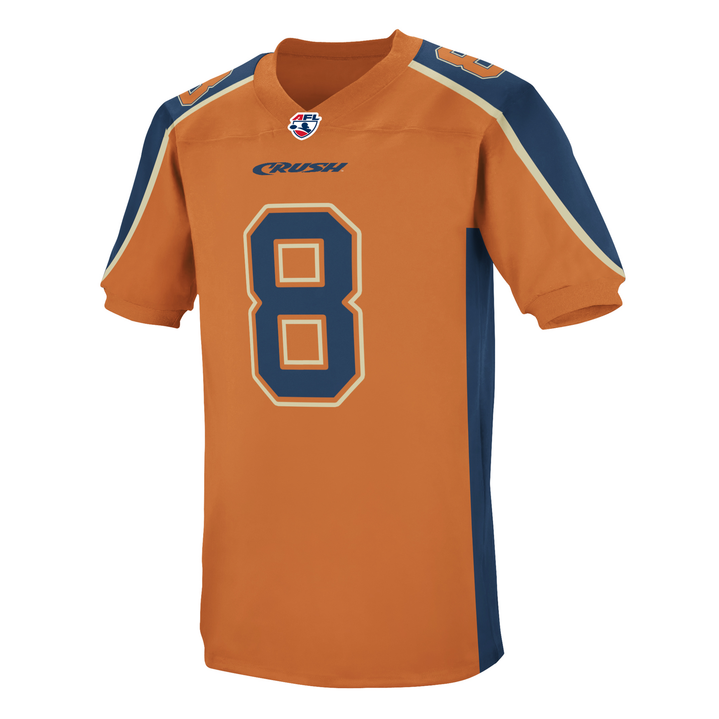 Colorado Crush jersey. Orange. Blue band up sides. Blue shoulders with white trim. Stylized CRUSH in blue small above #8 in blue with white trim. #8 in blue with white and trim on shoulders. Royal Retros