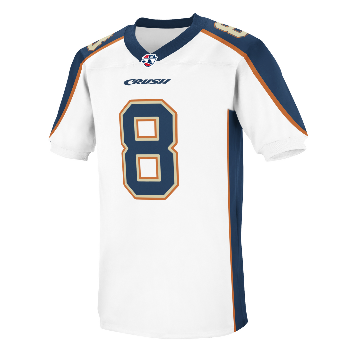 Colorado Crush jersey. white. Orange pinstripe up sides on either side of gold band. Gold shoulders with orange trim. Blue collar. Stylized CRUSH in blue small above #8 in blue with orange trim. #8 in blue with white and orange trim on shoulders. Royal Retros