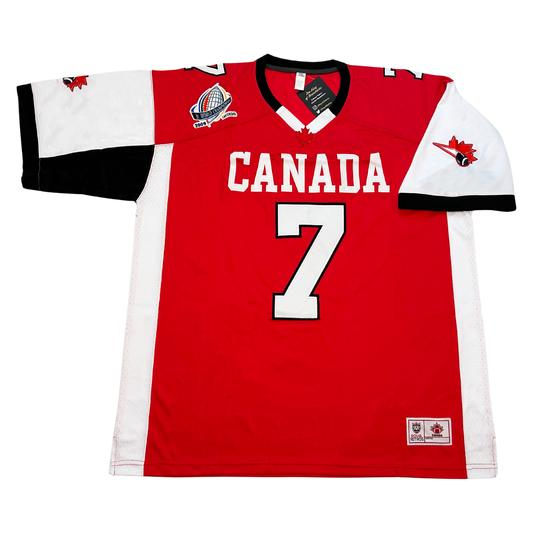 2009 Team Canada Football Jersey front. Red. White sides. Black and white sleeves. Canada in white above #7 in white on chest. Royal Retros