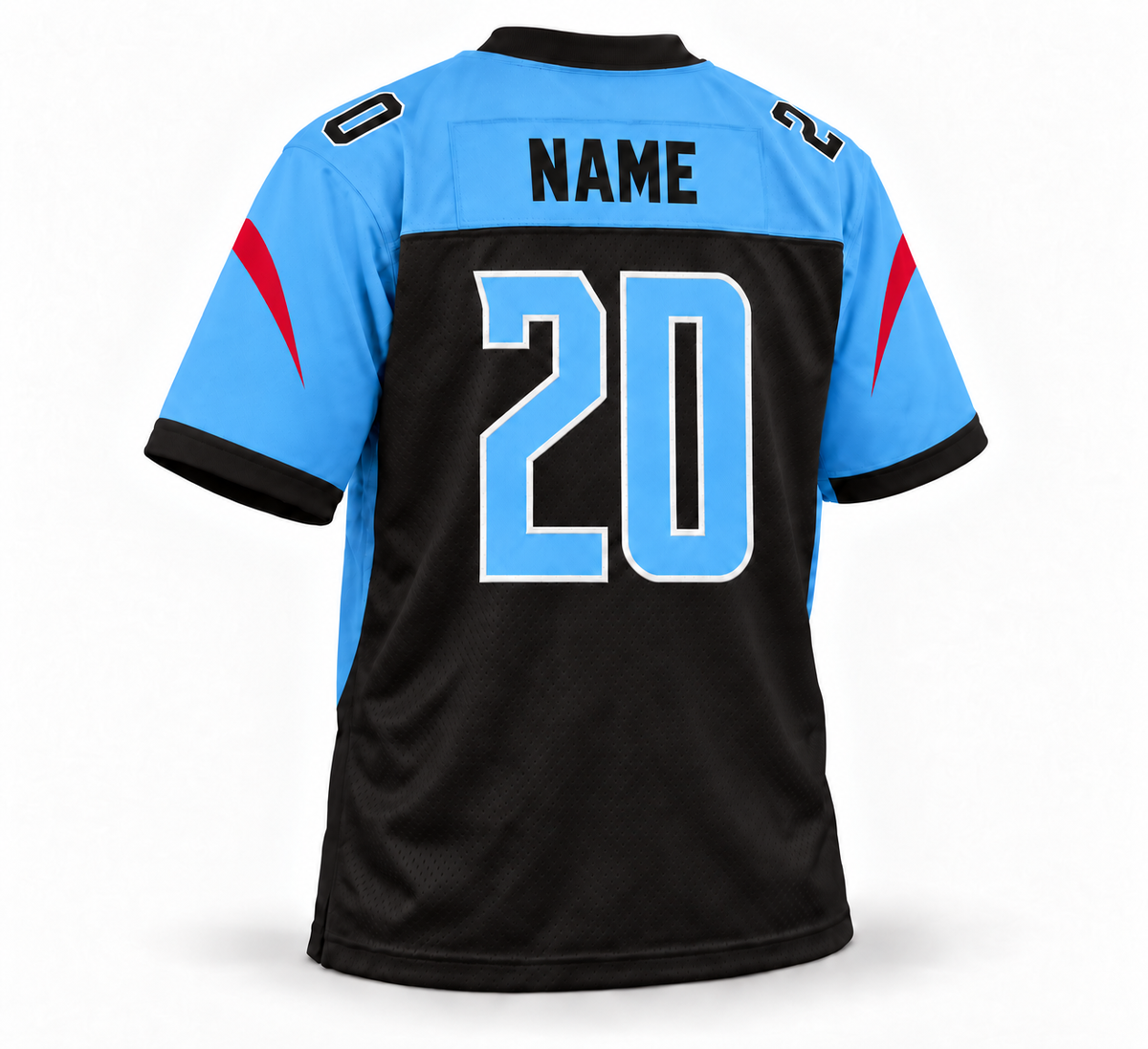 2020 Dallas Renegades black XFL jersey back mockup, black NAME on sky-blue sewn nameplate, sky-blue number 20 with white outline, aligned red sleeve accents.