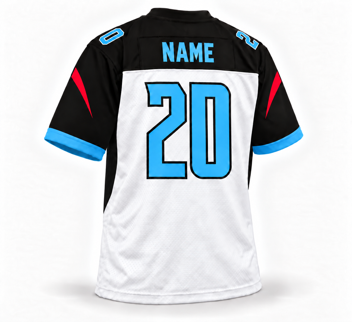 2020 Dallas Renegades white jersey back number 20, sky-blue NAME, black side panels tapering partway down.