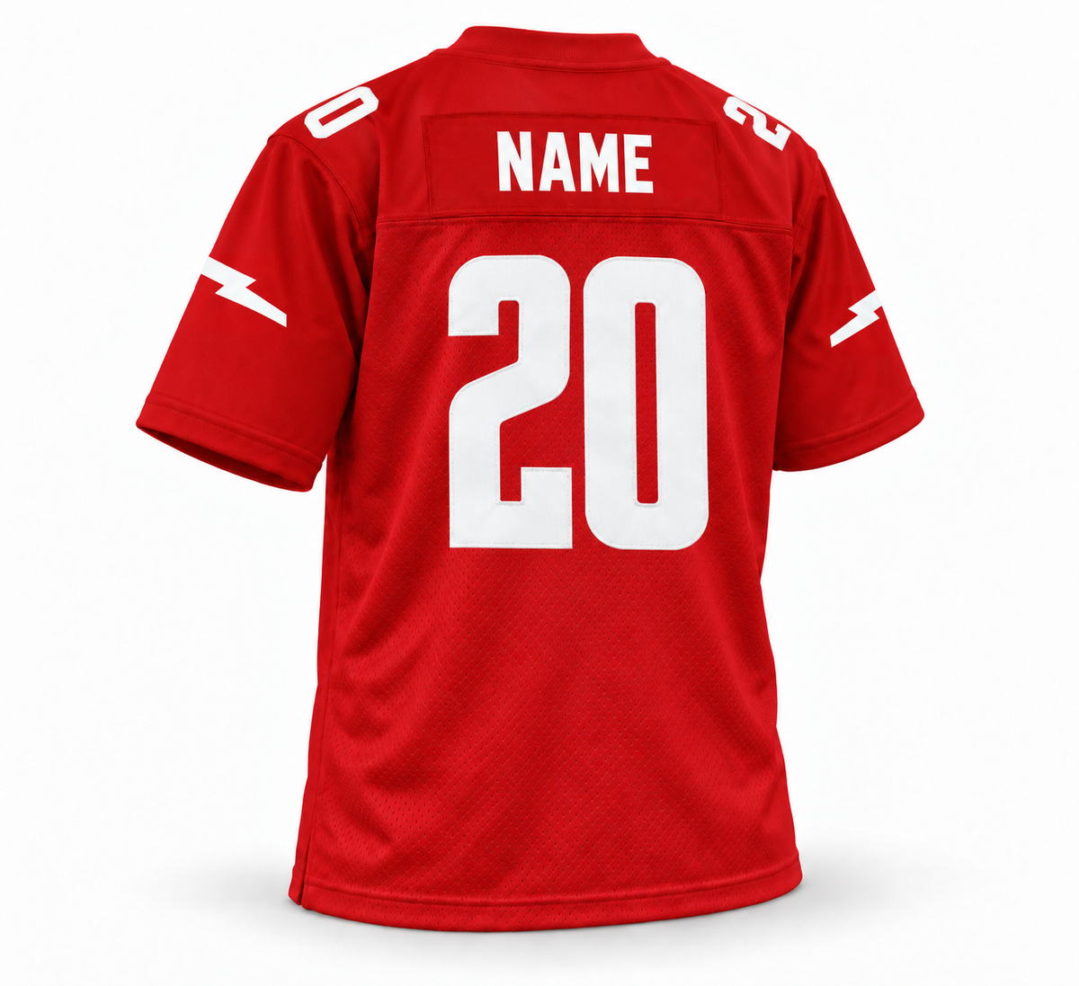 2020 DC Defenders red XFL jersey back mockup, white NAME on sewn red nameplate, custom white number 20, three-quarter view, flat-ended rear sleeve lightning bolts.