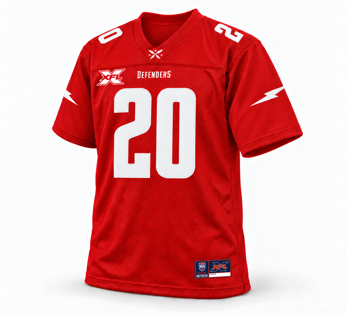 2020 DC Defenders red XFL jersey front mockup, custom white number 20, three-quarter view, red and white XFL chest logo, white sleeve lightning bolts.