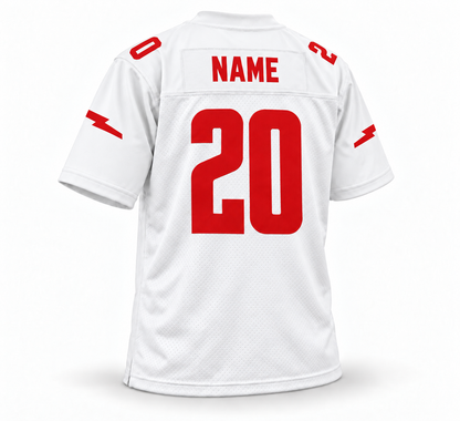 2020 DC Defenders white XFL jersey back mockup, red NAME on sewn white nameplate, custom red number 20, three-quarter view, flat-ended rear sleeve lightning bolts.
