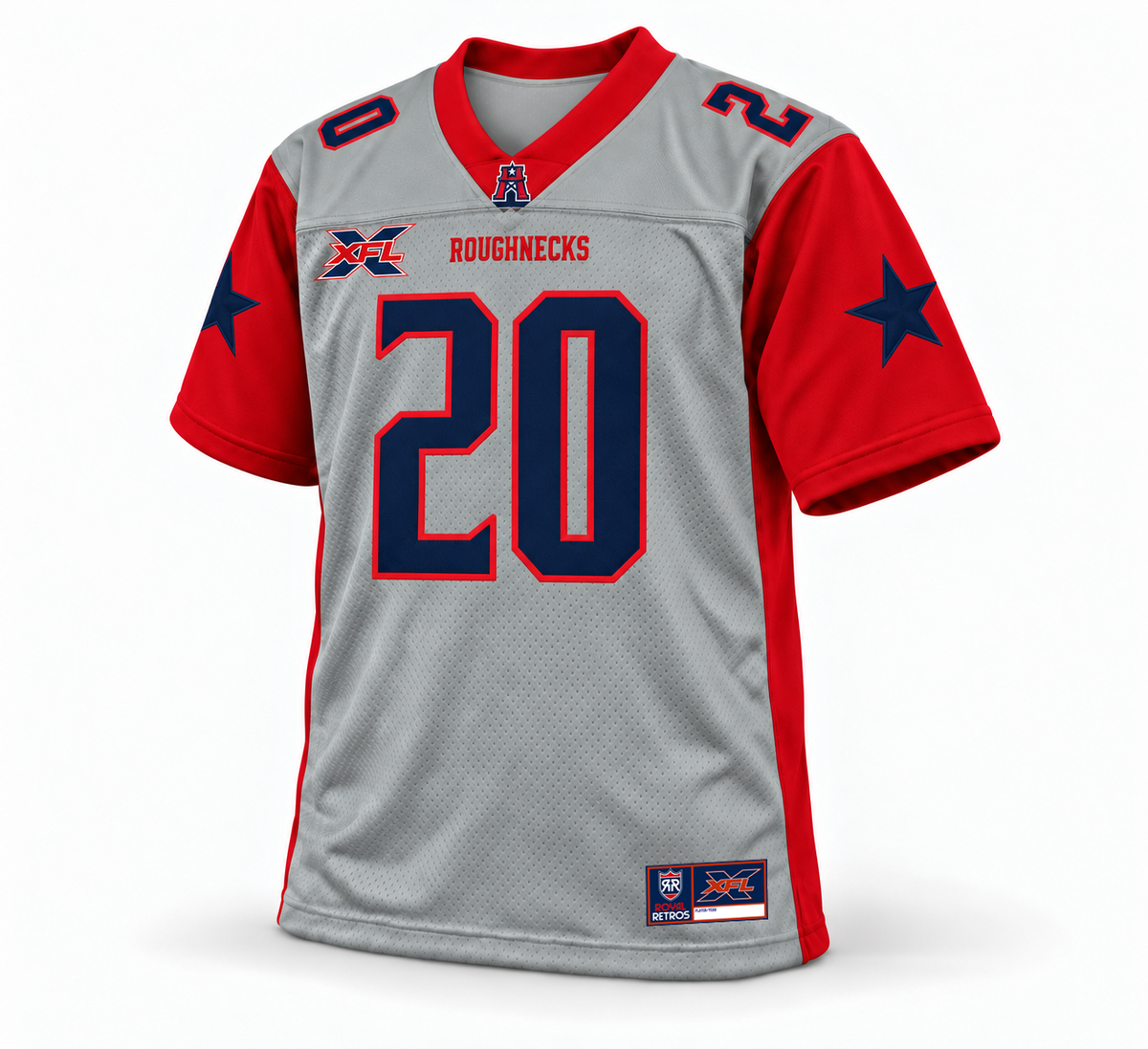 2020 Houston Roughnecks gray jersey front number 20 studio mockup