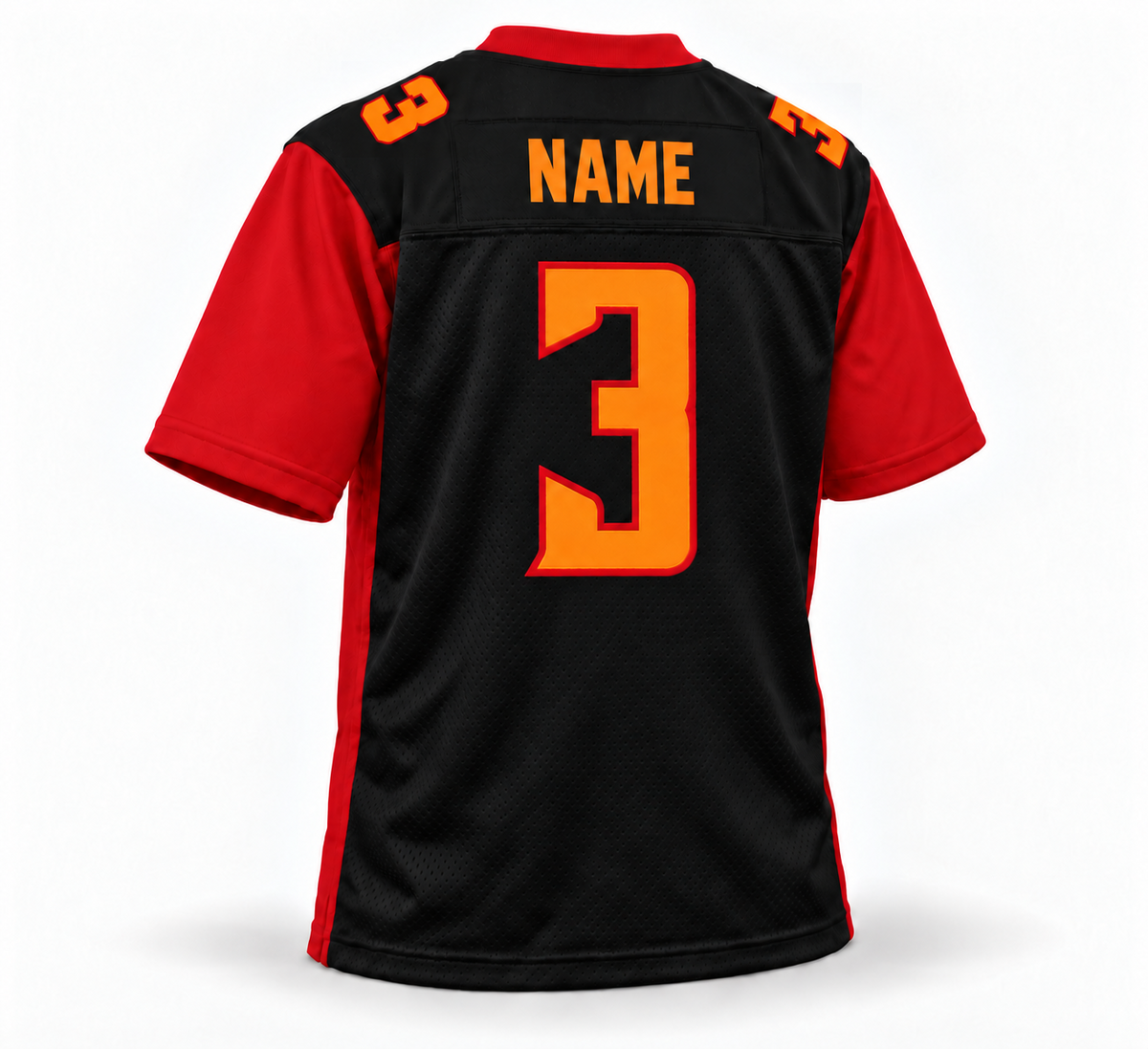 2020 Los Angeles Wildcats XFL jersey black back mockup, orange NAME and number 3 with red outlines, enlarged matching shoulder numbers.