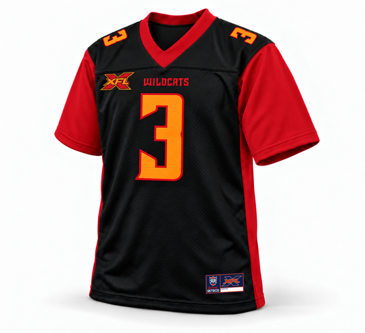 2020 Los Angeles Wildcats XFL jersey black front mockup, number 3, red sleeves and orange numbers with red outlines.