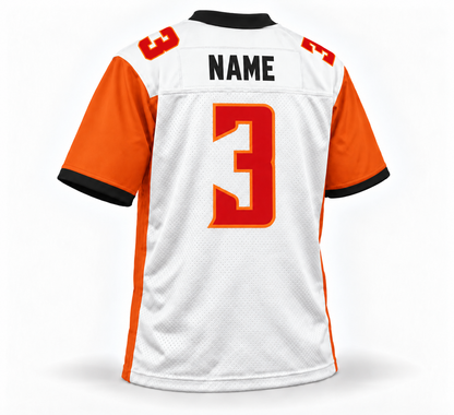 2020 Los Angeles Wildcats XFL jersey white back mockup, black NAME and red number 3 with orange outlines, enlarged matching shoulder numbers.