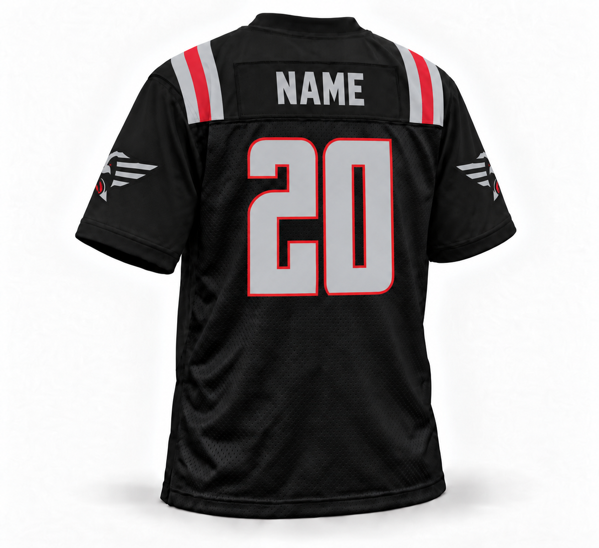 2020 New York Guardians black XFL jersey back mockup, gray block NAME without outline on black nameplate, gray number 20 with red outline, mid-sleeve logos.