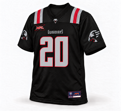 2020 New York Guardians black XFL jersey front mockup, gray number 20 with red outline, gray-red-gray shoulder bands, middle-sleeve Guardians logos and original 2020 XFL jock tag.