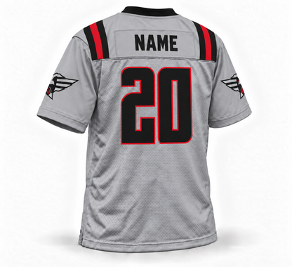 2020 New York Guardians gray XFL jersey back mockup, black block NAME without outline on gray nameplate, black number 20 with red outline, mid-sleeve logos.
