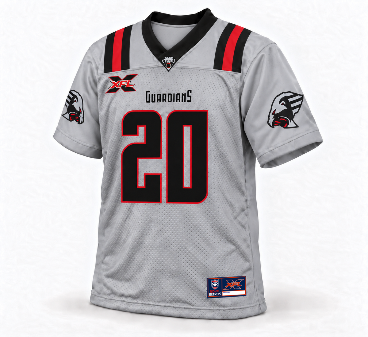 2020 New York Guardians gray XFL jersey front mockup, black number 20 with red outline, black collar, black-red-black shoulder bands, middle-sleeve Guardians logos and original 2020 XFL jock tag.