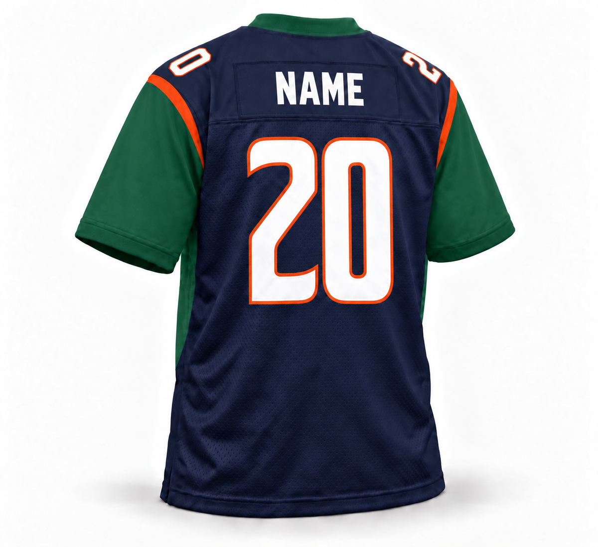 2020 Seattle Dragons navy XFL jersey back mockup, white block NAME without outline on navy nameplate, white number 20 with orange outline, forest-green sleeves, orange shoulder trim.