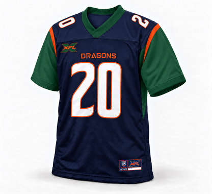 2020 Seattle Dragons navy XFL jersey front mockup, white number 20 with orange outline, forest-green sleeves, orange shoulder trim, green and orange chest XFL emblem, three-quarter view.