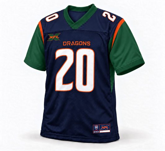 2020 Seattle Dragons navy XFL jersey front mockup, white number 20 with orange outline, forest-green sleeves, orange shoulder trim, green and orange chest XFL emblem, three-quarter view.