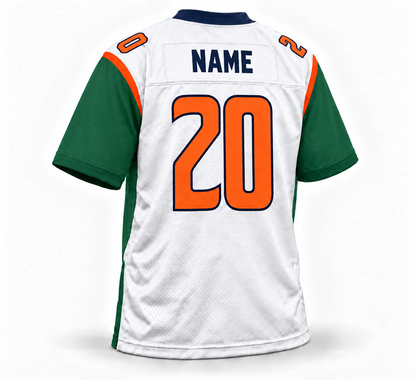 2020 Seattle Dragons white XFL jersey back mockup, navy block NAME without outline on white nameplate, orange number 20 with navy outline, forest-green sleeves and orange shoulder trim.