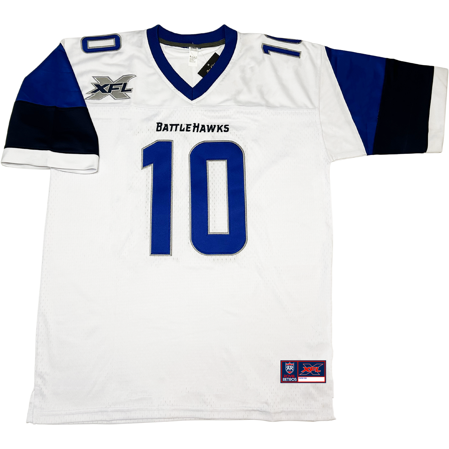 St Louis Battlehawks football jersey. White. Royal, black, and white sleeves. Royal collar. Battlehwaks stylized in black small above large #10 in royal with black trim  on chest, small on shoulders. Royal Retros