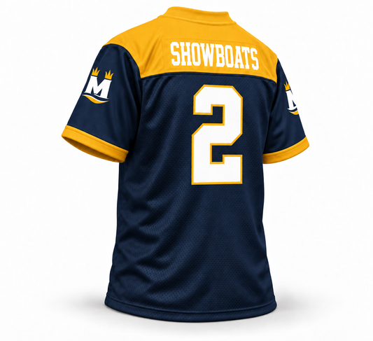 2023 Memphis Showboats USFL navy jersey back mockup, Showboats name and number 2