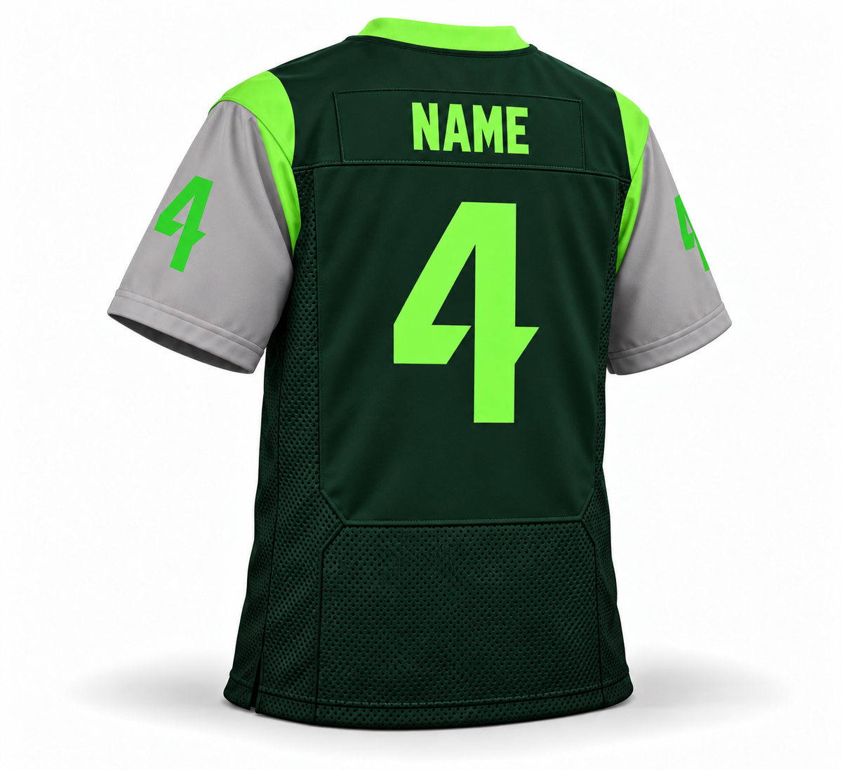 2023 Orlando Guardians green jersey back mockup, number 4, neon green NAME in block letters with no outline on a matching nameplate.