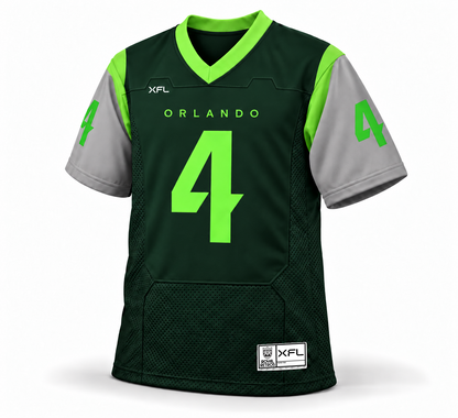2023 Orlando Guardians green jersey front mockup, number 4, gray sleeves, neon green collar and ORLANDO lettering, exact 2023 XFL jock tag.