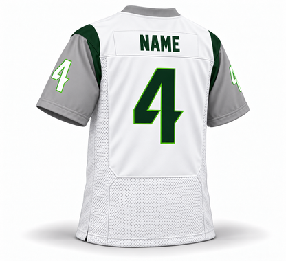 2023 Orlando Guardians white jersey back mockup, number 4, dark green NAME in block letters with no outline on a white nameplate.