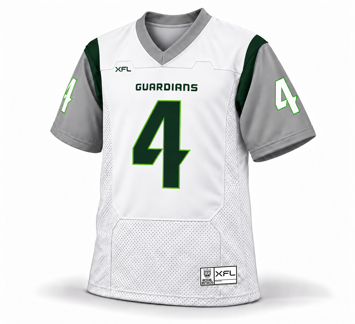 2023 Orlando Guardians white jersey front mockup, number 4, gray sleeves and collar, dark green GUARDIANS lettering, exact 2023 XFL jock tag.