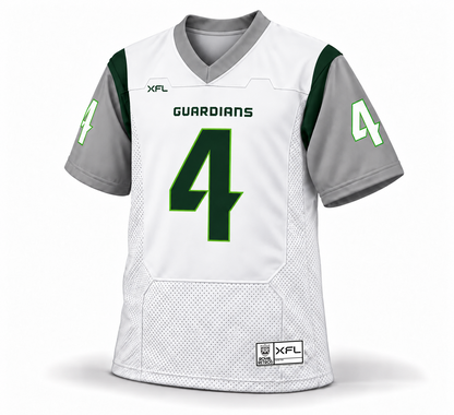 2023 Orlando Guardians white jersey front mockup, number 4, gray sleeves and collar, dark green GUARDIANS lettering, exact 2023 XFL jock tag.