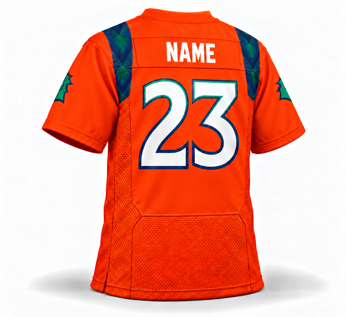 2023 Seattle Sea Dragons orange jersey back mockup, number 23, white NAME with no outline, patterned shoulder panels and partly visible sleeve-head logos wrapping toward the front.