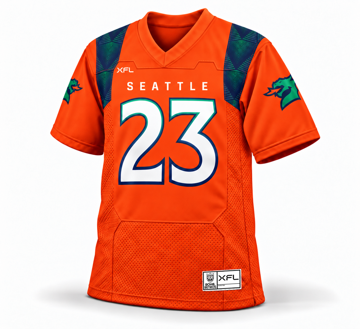 2023 Seattle Sea Dragons orange jersey front mockup, number 23 with gradient edging, patterned navy-green shoulder panels, cropped dragon-head sleeve logos and 2023 XFL jock tag.