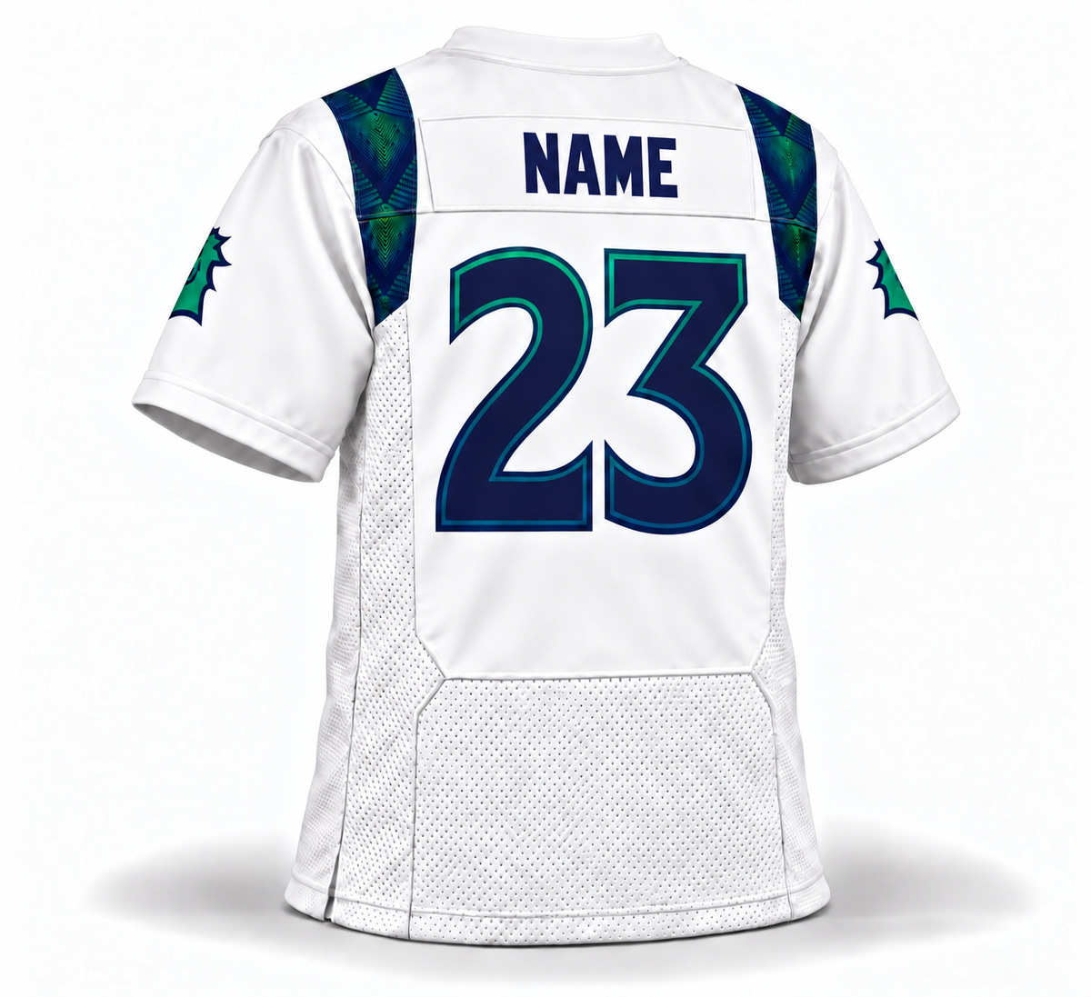2023 Seattle Sea Dragons white jersey back mockup, navy number 23 and navy NAME with no outline, patterned shoulder panels and partly visible head logos wrapping around the sleeves.