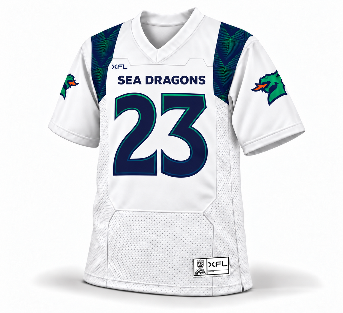 2023 Seattle Sea Dragons white jersey front mockup, navy number 23 with green-to-navy edging, SEA DRAGONS lettering, patterned shoulder panels, cropped head sleeve logos and 2023 XFL jock tag.