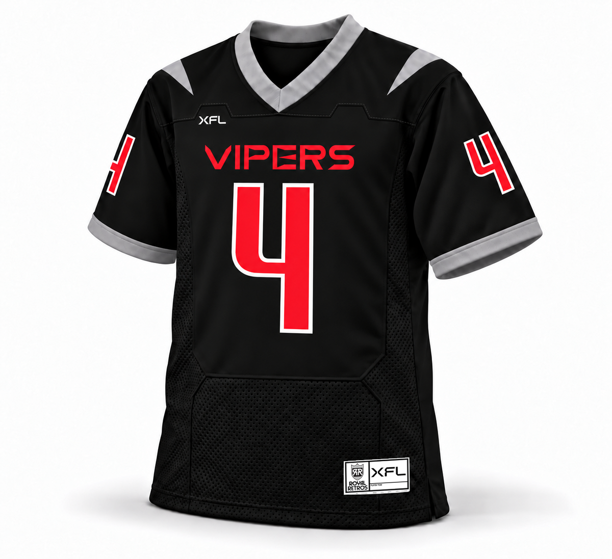 2023 Vegas Vipers black jersey front mockup, number 4, gray collar and sleeve-end stripes, red VIPERS wordmark and 2023 XFL jock tag.