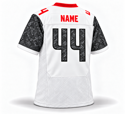 2023 Vegas Vipers white jersey back mockup, red NAME on a white nameplate, snakeskin number 44 and sleeves extending to the white hem stripe.