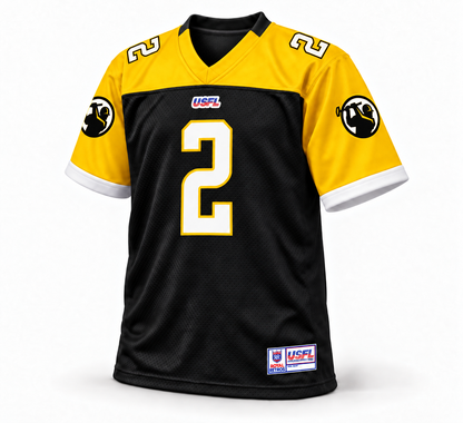 2023 Pittsburgh Maulers black and gold USFL jersey front, number 2