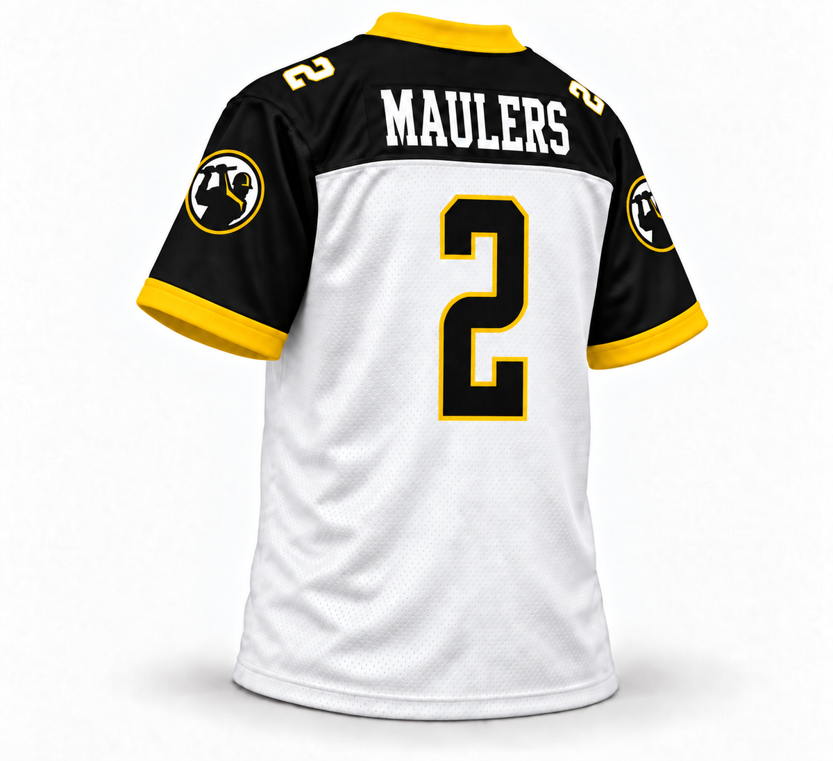 2023 Pittsburgh Maulers white, black and gold USFL jersey back with Maulers name and number 2