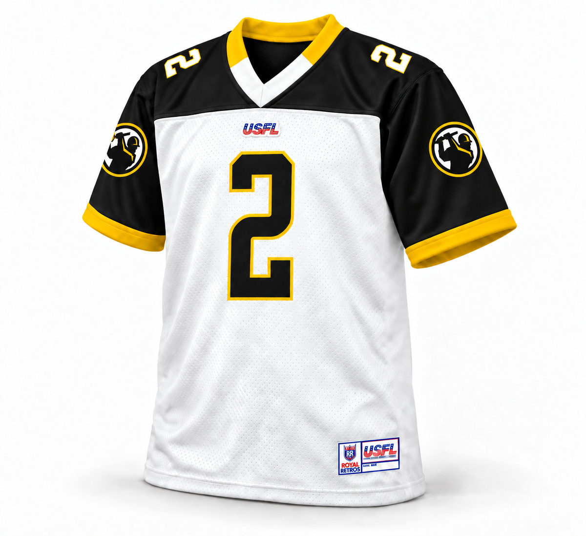 2023 Pittsburgh Maulers white, black and gold USFL jersey front, number 2