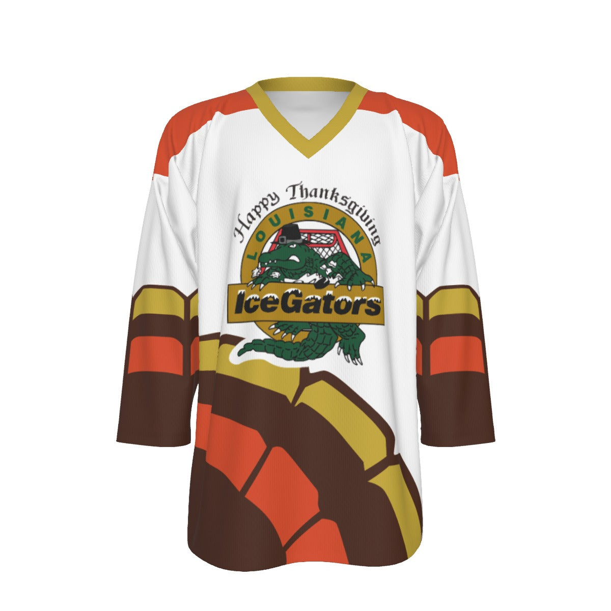 Louisiana IceGators Thanksgiving Replica Jersey. White with orange shoulders and orange, gold and brown turkey-feather stripes on the sleeves and hem. IceGators alligator crest under a "Happy Thanksgiving" script.