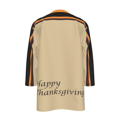 Port Huron Beacons Thanksgiving Replica Jersey. Tan with black sleeves and orange and brown stripes, back view. "Happy Thanksgiving" in script across the lower back.