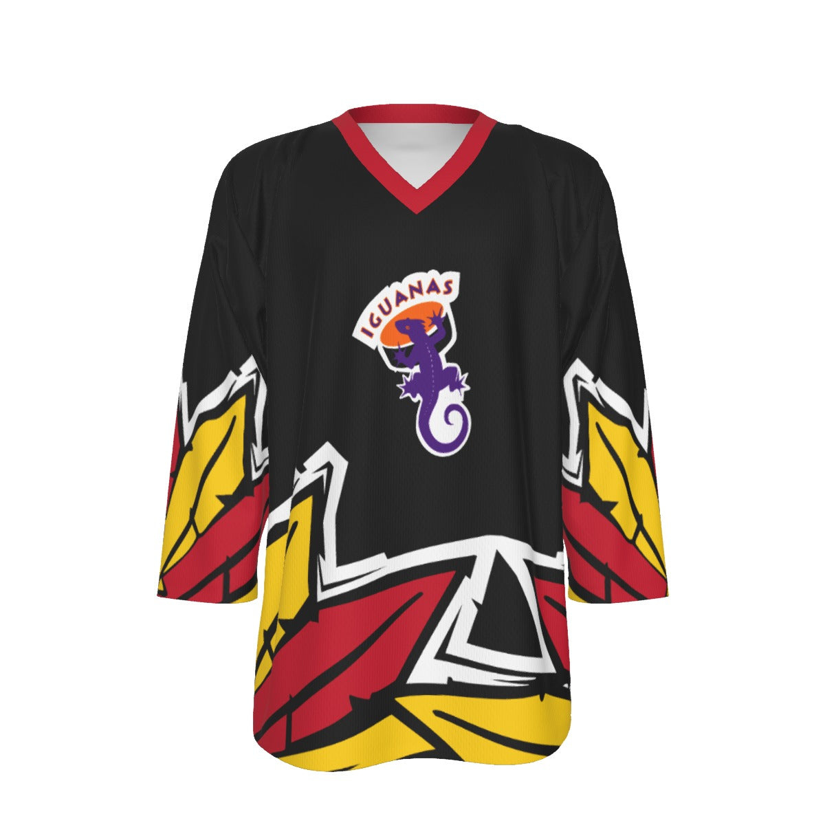 San Antonio Iguanas Thanksgiving Replica Jersey. Black with a red V-neck and red, gold and white turkey-feather points on the sleeves and hem. Purple iguana crest under an arched "IGUANAS" wordmark.