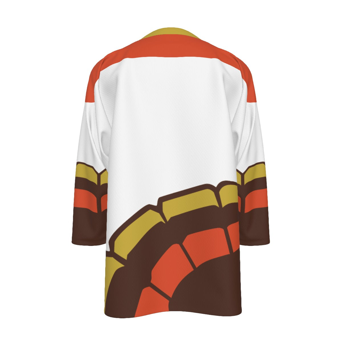 Louisiana IceGators Thanksgiving Replica Jersey. White with an orange yoke, back view. Fanned orange, gold and brown turkey-feather pattern across the lower back.