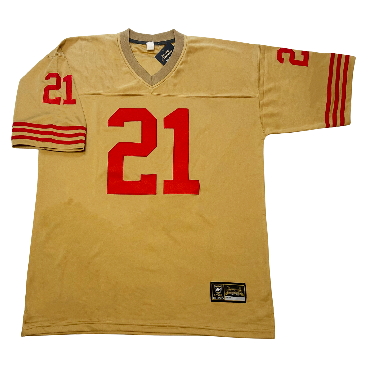 Gold football jersey with red number 21 celebrating San Francisco football championship legacy