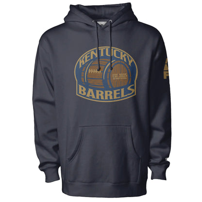 Kentucky Barrels Hoodie Navy. Logo on chest is a rounded square with Kentucky in gold arched over a barrel, with Barrels underneath. Shape is outlined in gold. Royal Retros