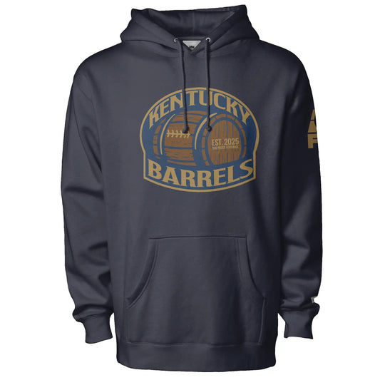 Kentucky Barrels Hoodie Navy. Logo on chest is a rounded square with Kentucky in gold arched over a barrel, with Barrels underneath. Shape is outlined in gold. Royal Retros