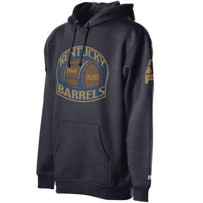 Kentucky Barrels Hoodie Navy. Logo on chest is a rounded square with Kentucky in gold arched over a barrel, with Barrels underneath. Shape is outlined in gold. Royal Retros