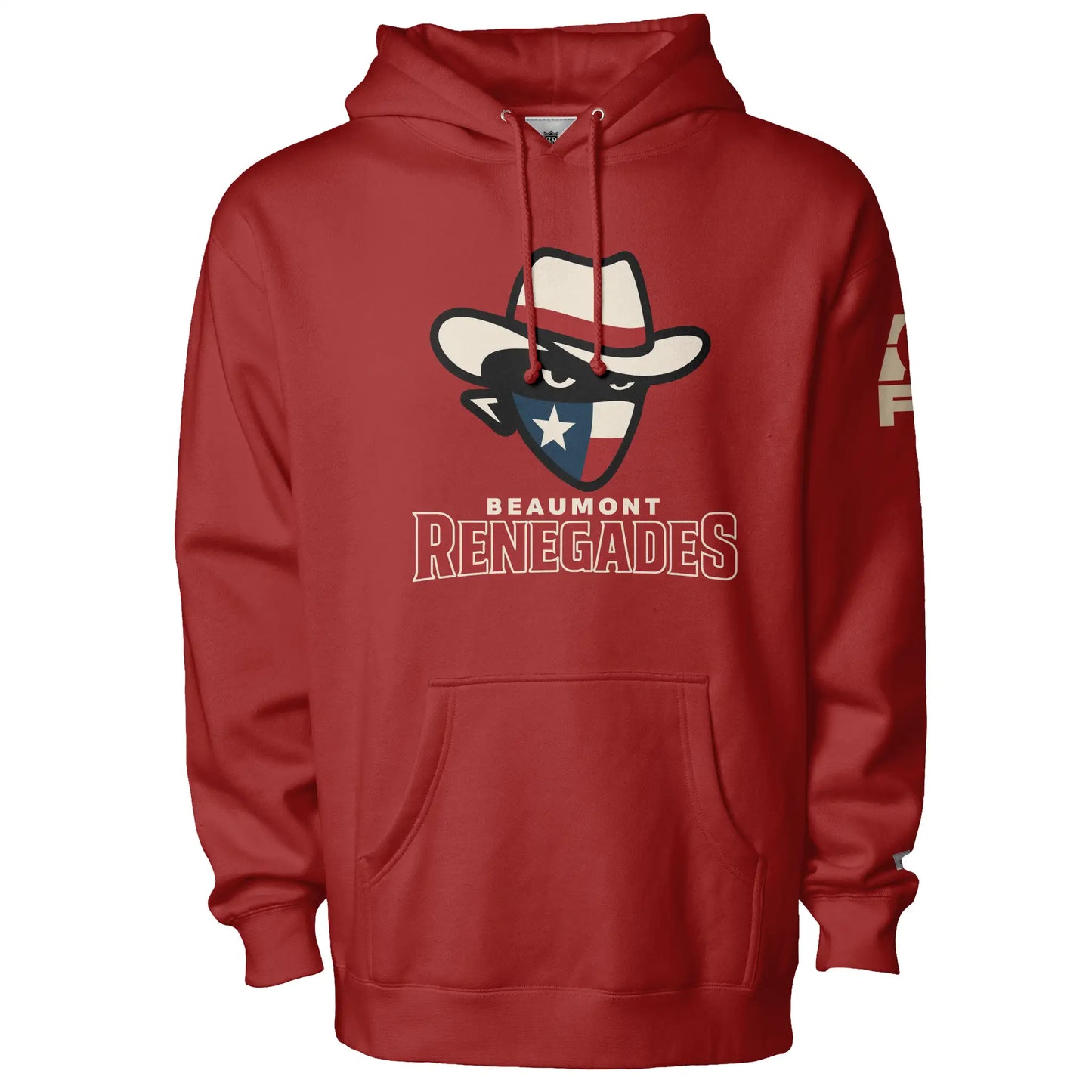 Beaumont Renegades Hoodie- Cardinal red. Bandit face with white cowboy hat with red band. Dark face with white eyes. Bandana of Texas flag, white star on blue field on left, white and red band on right. Beaumont on white below small above Renegades large in red with white outline. Royal Retros.
