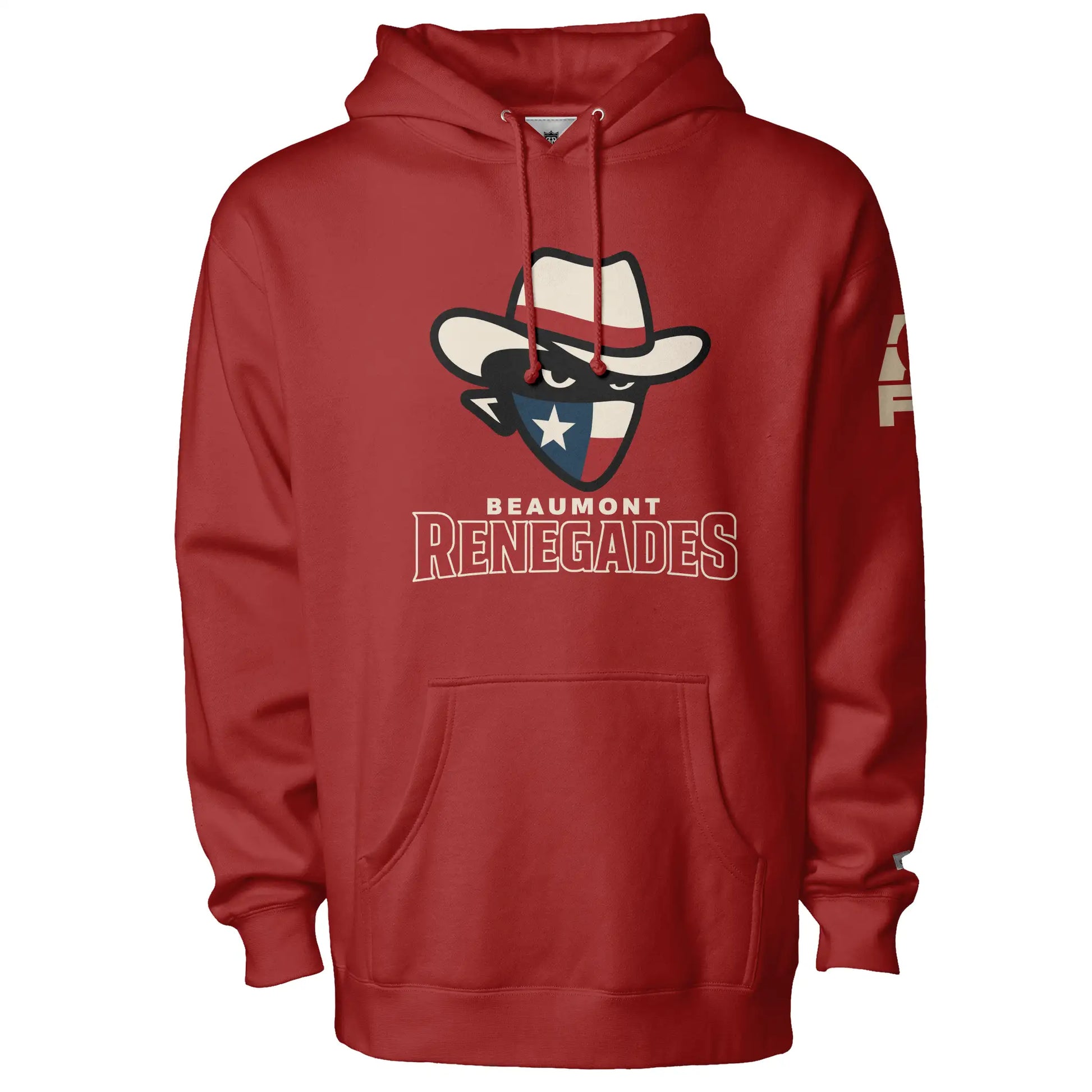 Beaumont Renegades Hoodie- Cardinal red. Bandit face with white cowboy hat with red band. Dark face with white eyes. Bandana of Texas flag, white star on blue field on left, white and red band on right. Beaumont on white below small above Renegades large in red with white outline. Royal Retros.