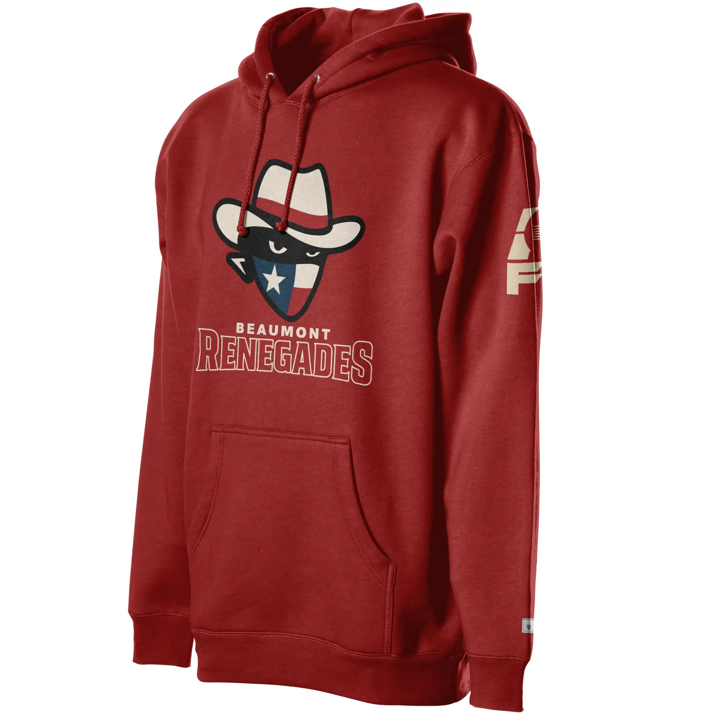 Beaumont Renegades Hoodie - Red - Bandit face with white cowboy hat with red band. Dark face with white eyes. Bandana of Texas flag, white star on blue field on left, white and red band on right. Beaumont on white below small above Renegades large in red with white outline. Royal Retros.