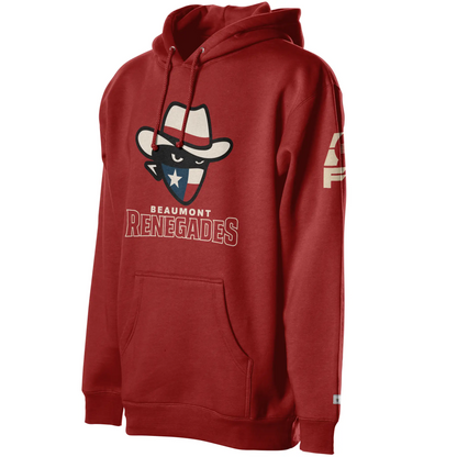 Beaumont Renegades Hoodie - Red - Bandit face with white cowboy hat with red band. Dark face with white eyes. Bandana of Texas flag, white star on blue field on left, white and red band on right. Beaumont on white below small above Renegades large in red with white outline. Royal Retros.