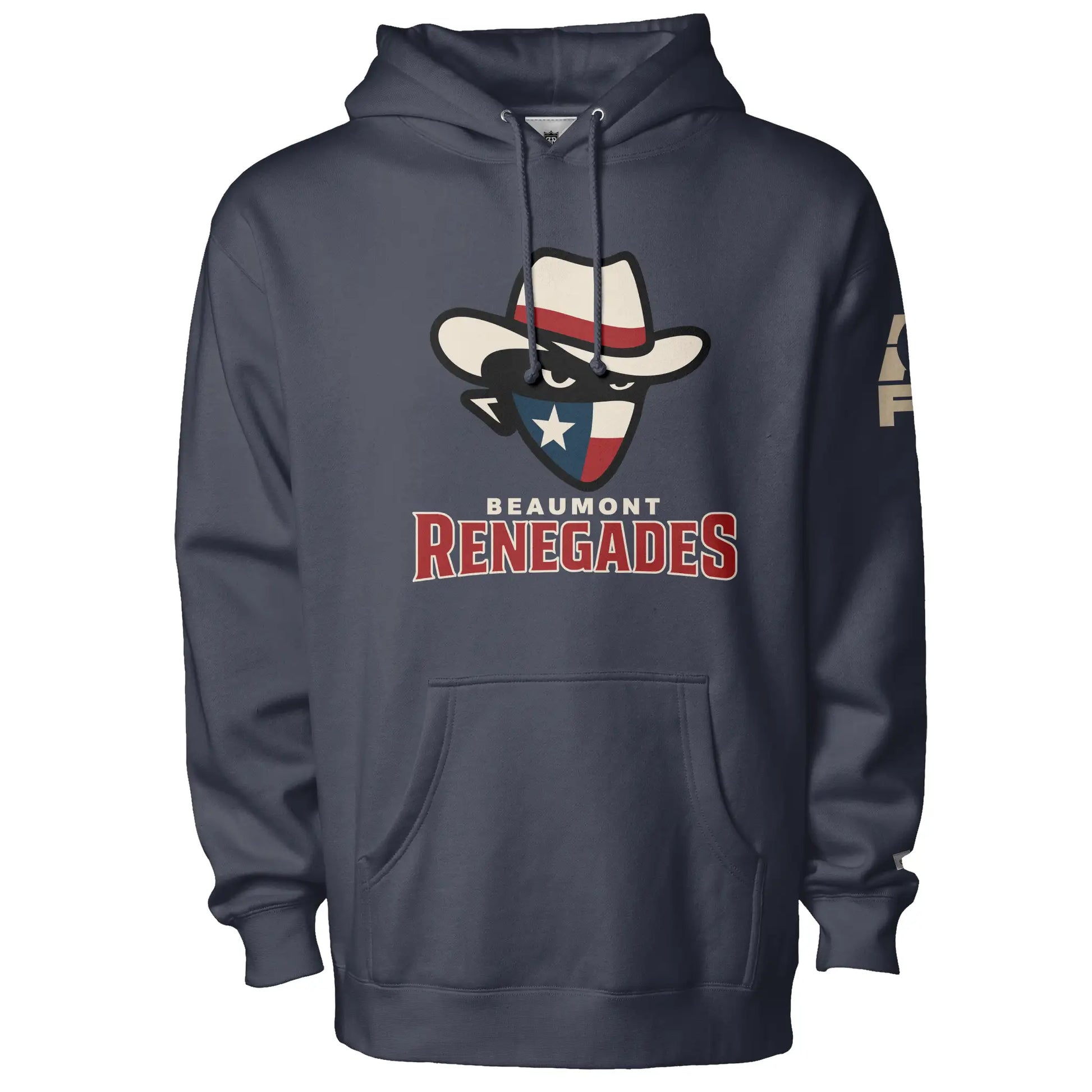 Beaumont Renegades Hoodie - Navy - Bandit face with white cowboy hat with red band. Dark face with white eyes. Bandana of Texas flag, white star on blue field on left, white and red band on right. Beaumont on white below small above Renegades large in red with white outline. Royal Retros.