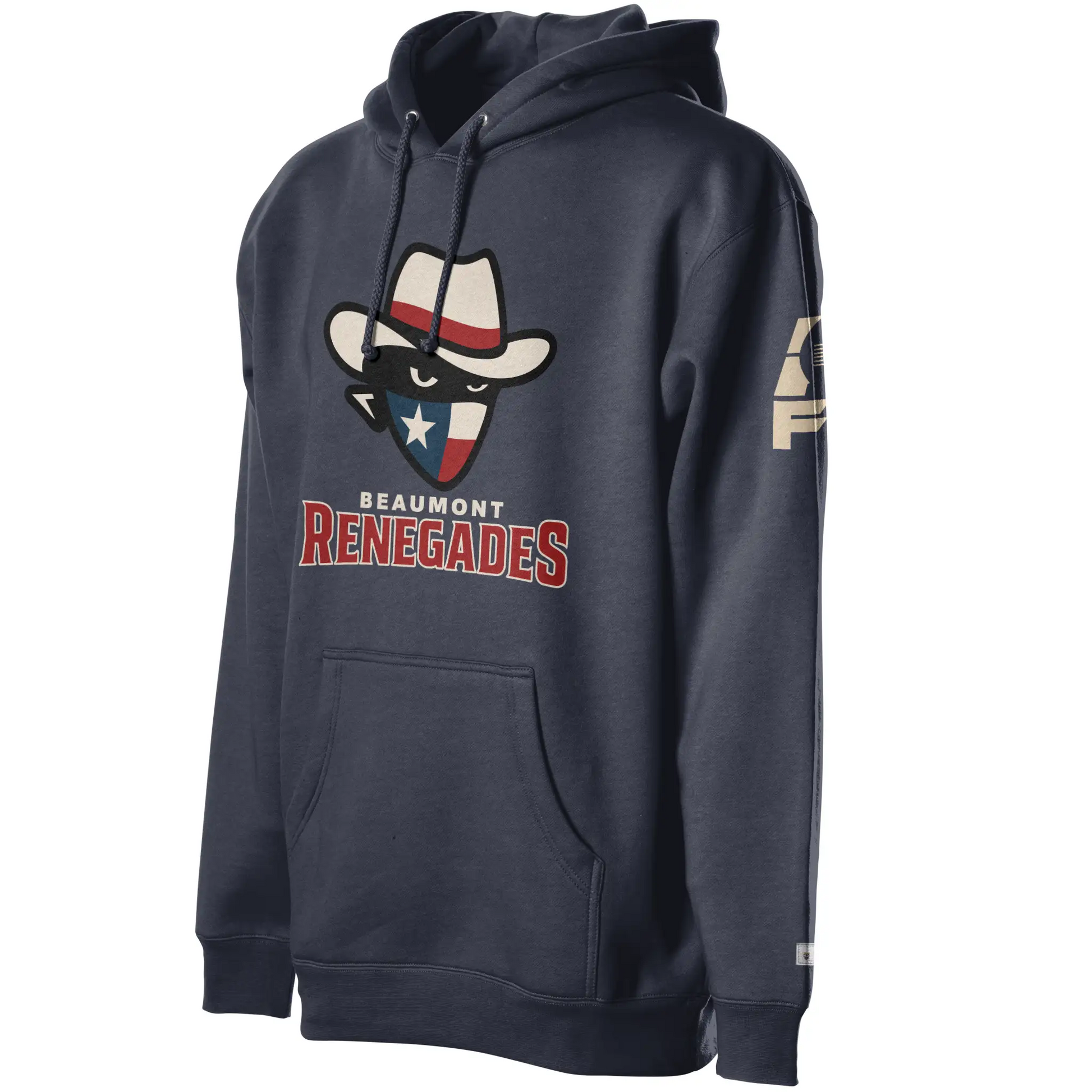 Beaumont Renegades Hoodie - Navy Bandit face with white cowboy hat with red band. Dark face with white eyes. Bandana of Texas flag, white star on blue field on left, white and red band on right. Beaumont on white below small above Renegades large in red with white outline. Royal Retros.